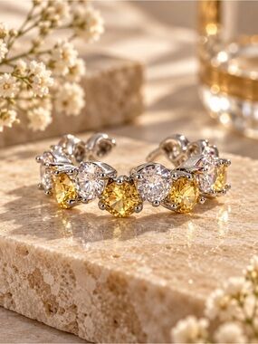 Open Adjustable Yellow & Clear Crystal Rhinestone Statement Ring